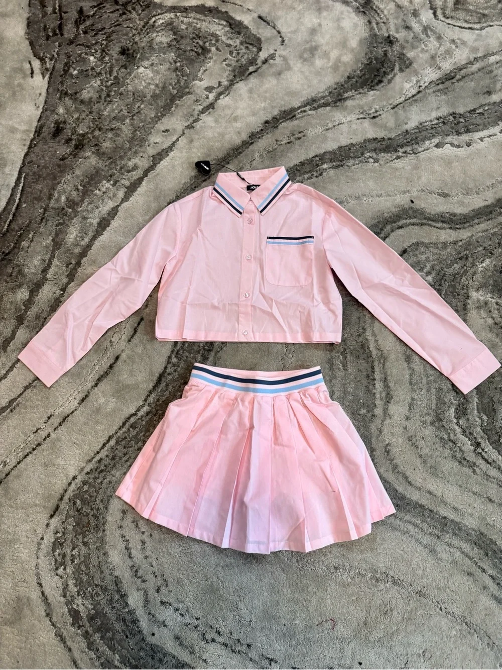 Fashion Nova Pink Pleated Skirt Set with Striped Trim